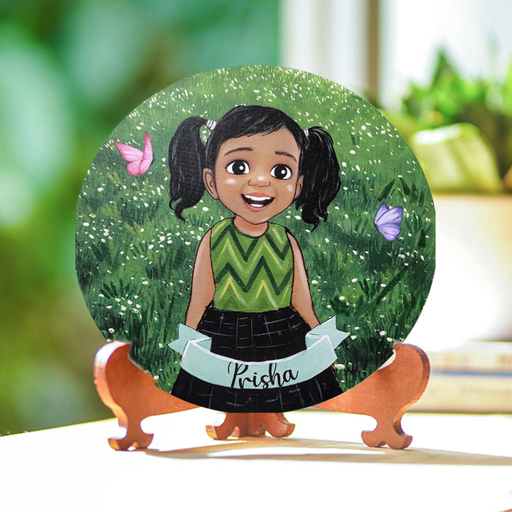 Photo Caricature Nameplate With Stand For Kids 4 - Front View on Display Stand