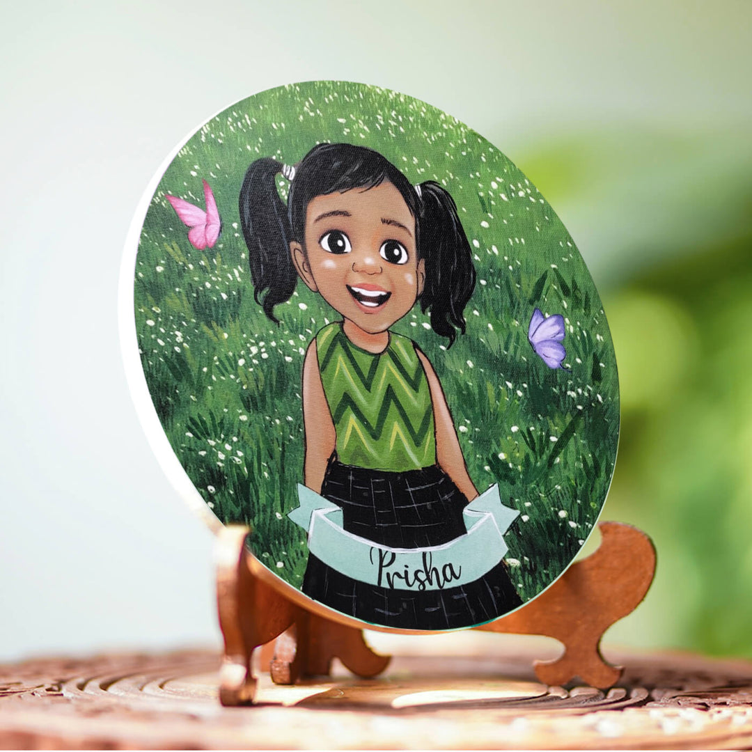 Photo Caricature Nameplate With Stand For Kids 4 - Angled Front View on Wooden Stand