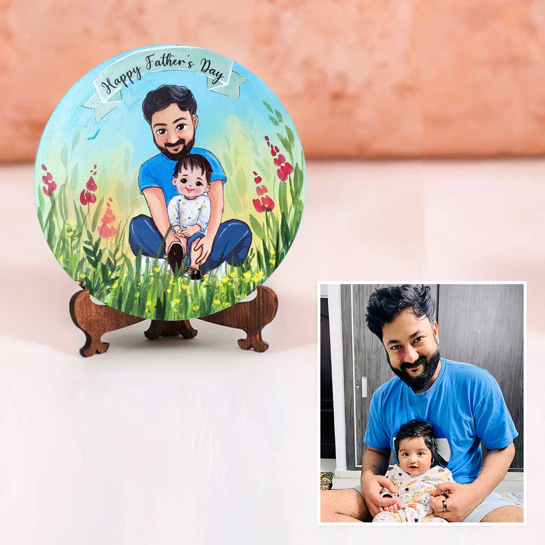 Photo Caricature Nameplate With Stand For Small Family 9 - Front View on Wooden Stand