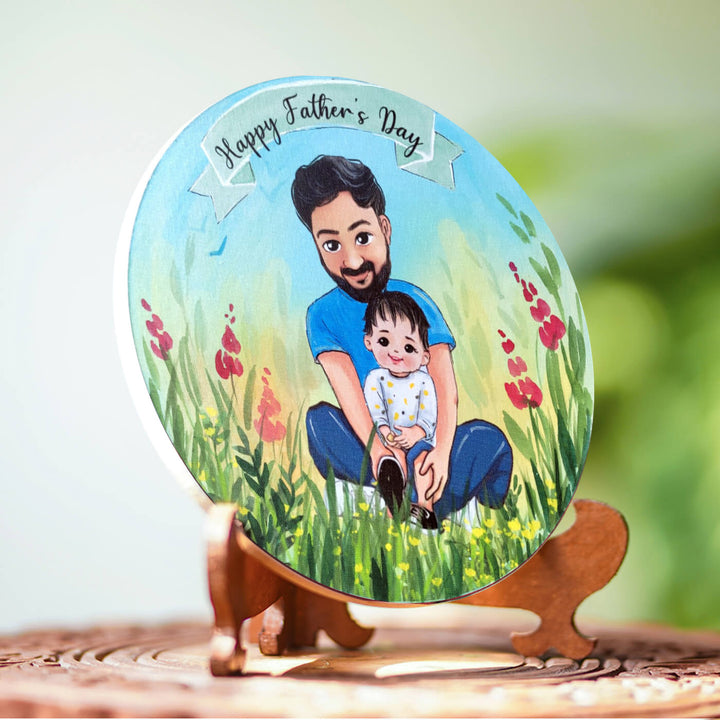 Photo Caricature Nameplate With Stand For Small Family 9 - Angled Front View on Stand