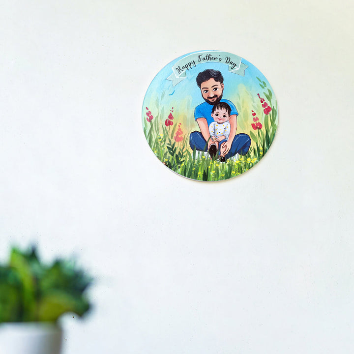 Photo Caricature Nameplate With Stand For Small Family 9 - Mounted on Wall with Background