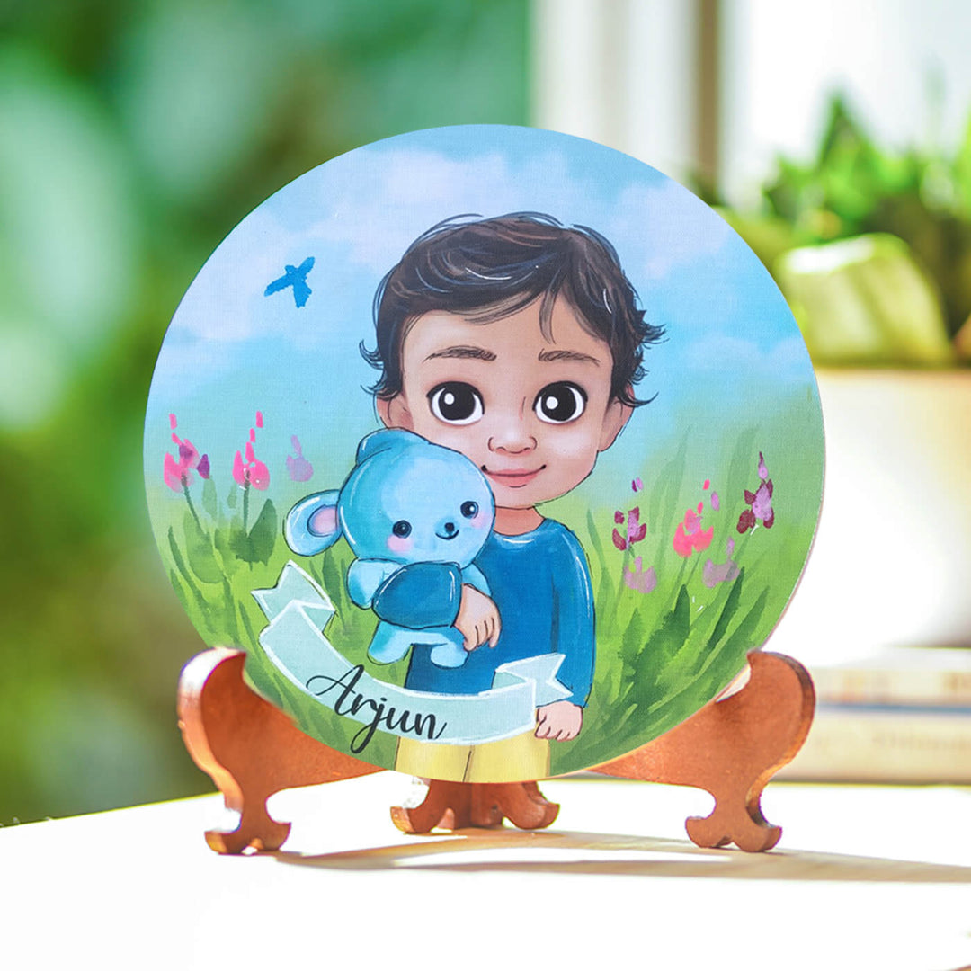 Photo Caricature Nameplate With Stand For Kids 1 - Front View on Wooden Stand