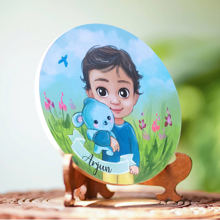 Photo Caricature Nameplate With Stand For Kids 1 - Angled View on Wooden Stand