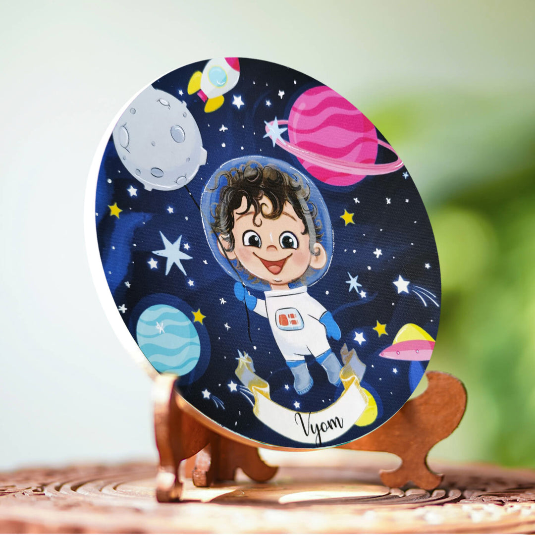 Photo Caricature Nameplate With Stand For Kids 2 - Front View on Wooden Stand