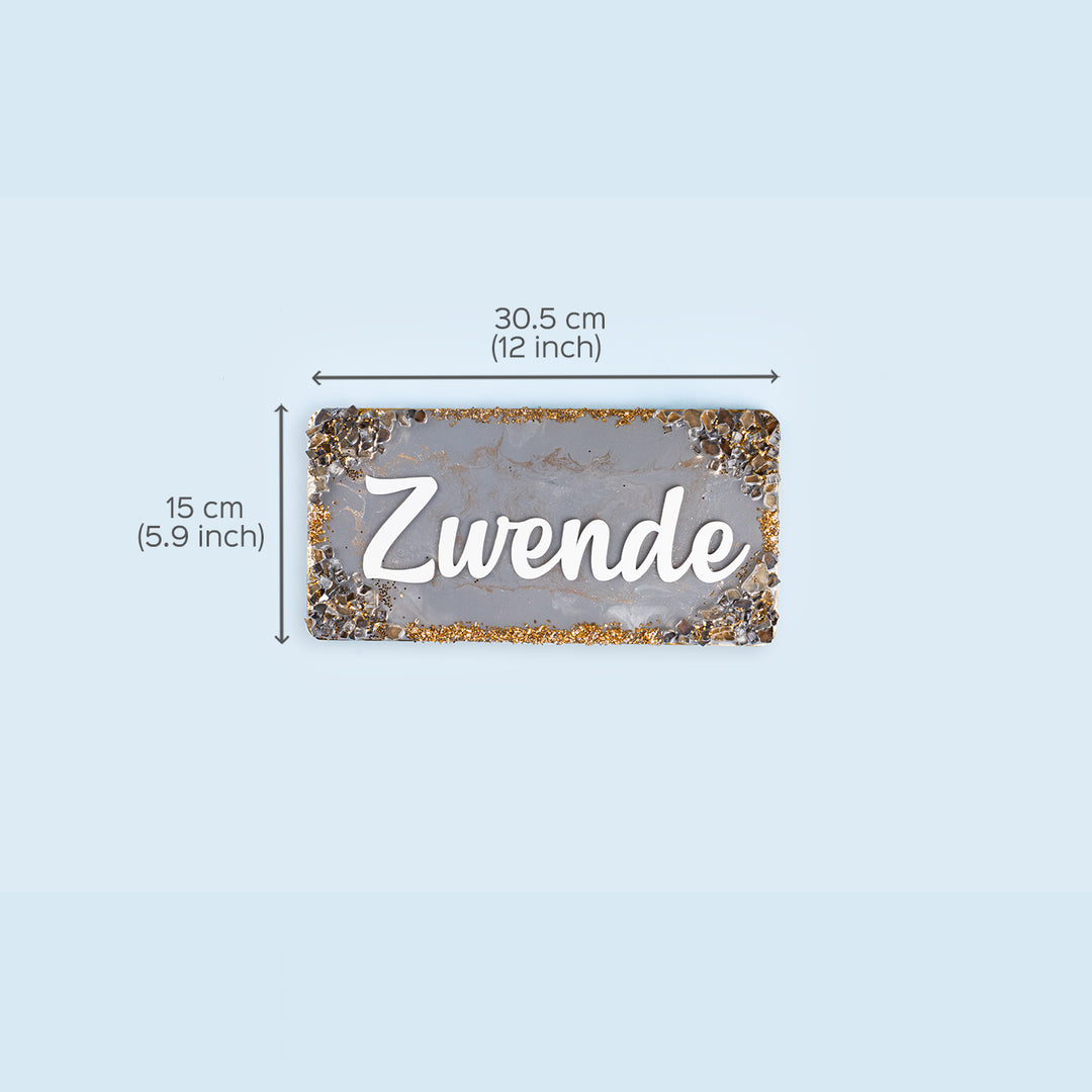 Handcrafted Resin Grey Name Plate - Dimension Chart with Name Example