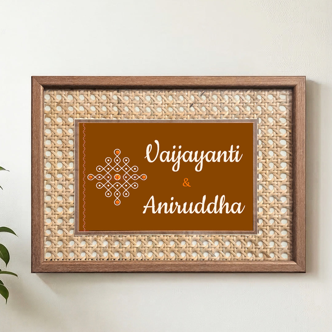 Handmade Kolam Motif Rattan Name Plate With Wooden Frame