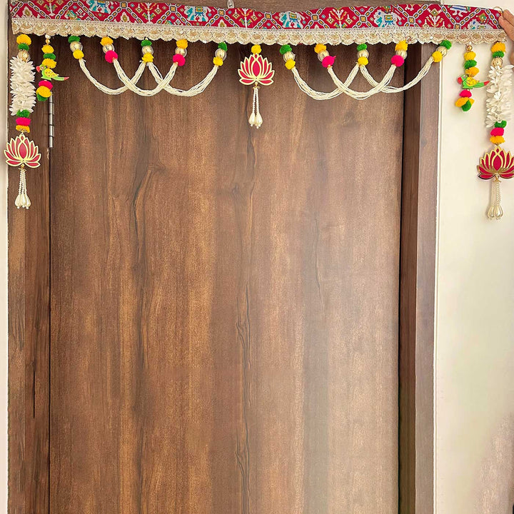 38 / 44 In | Handmade Red Patola With Parrot & Lotus Toran