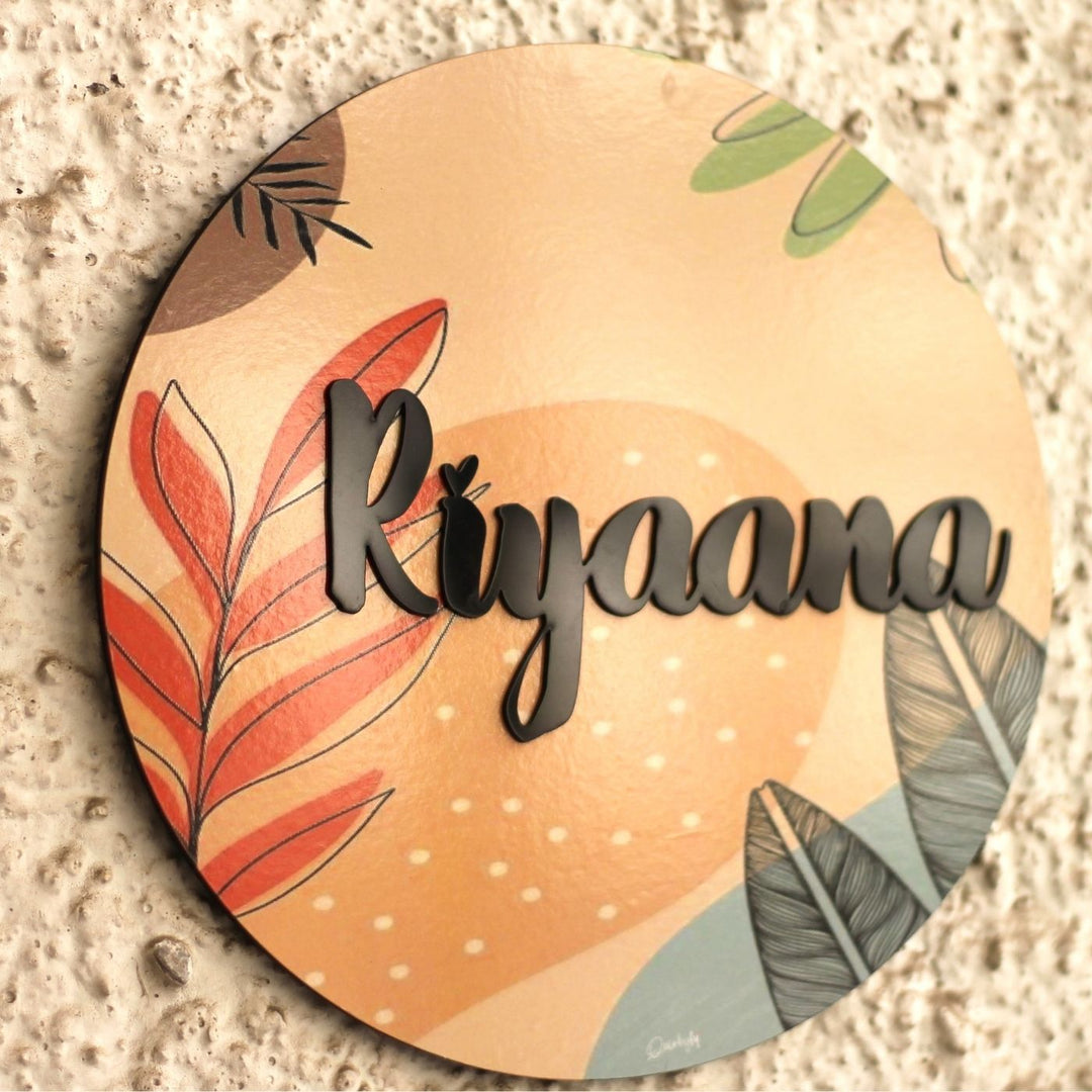 Personalized Printed Floral Mdf Wood Kids Name Plate With 3D Letters - Angled Close-up with Wall Texture