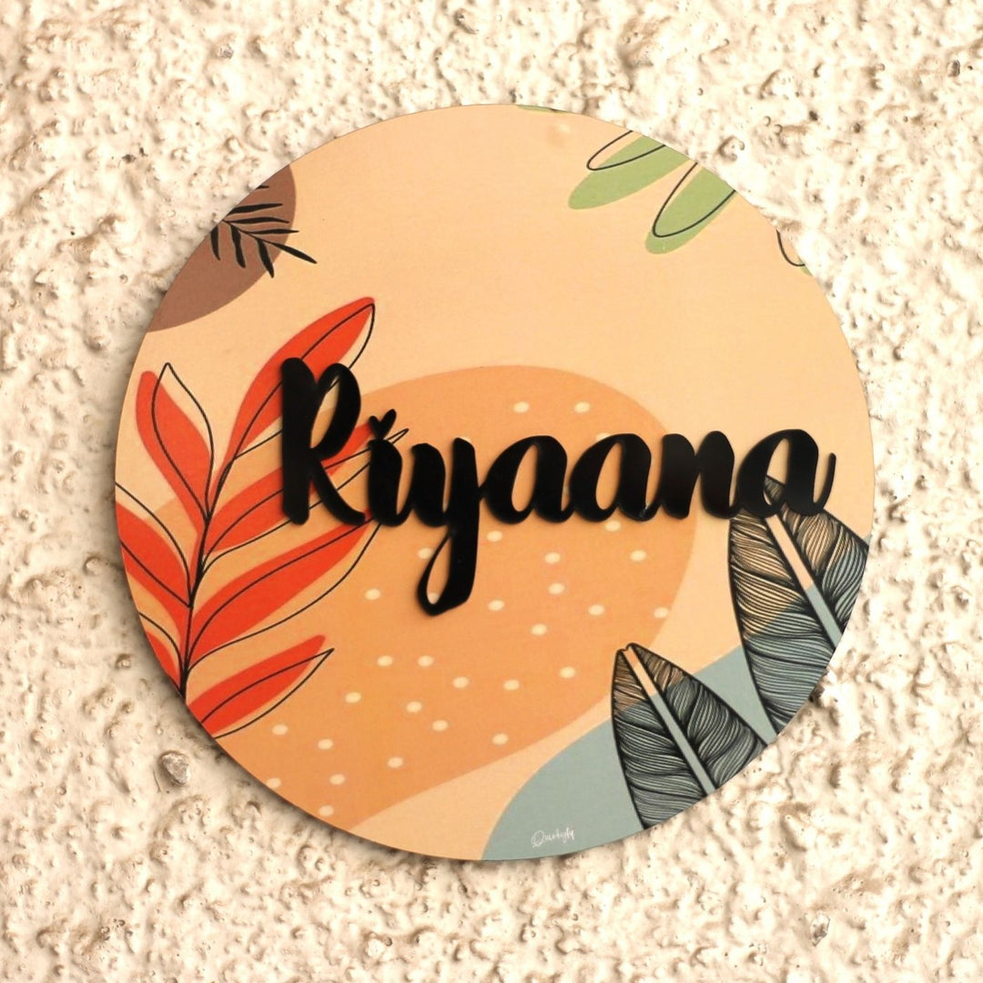 Personalized Printed Floral Mdf Wood Kids Name Plate With 3D Letters - Mounted on Textured Wall Close-up