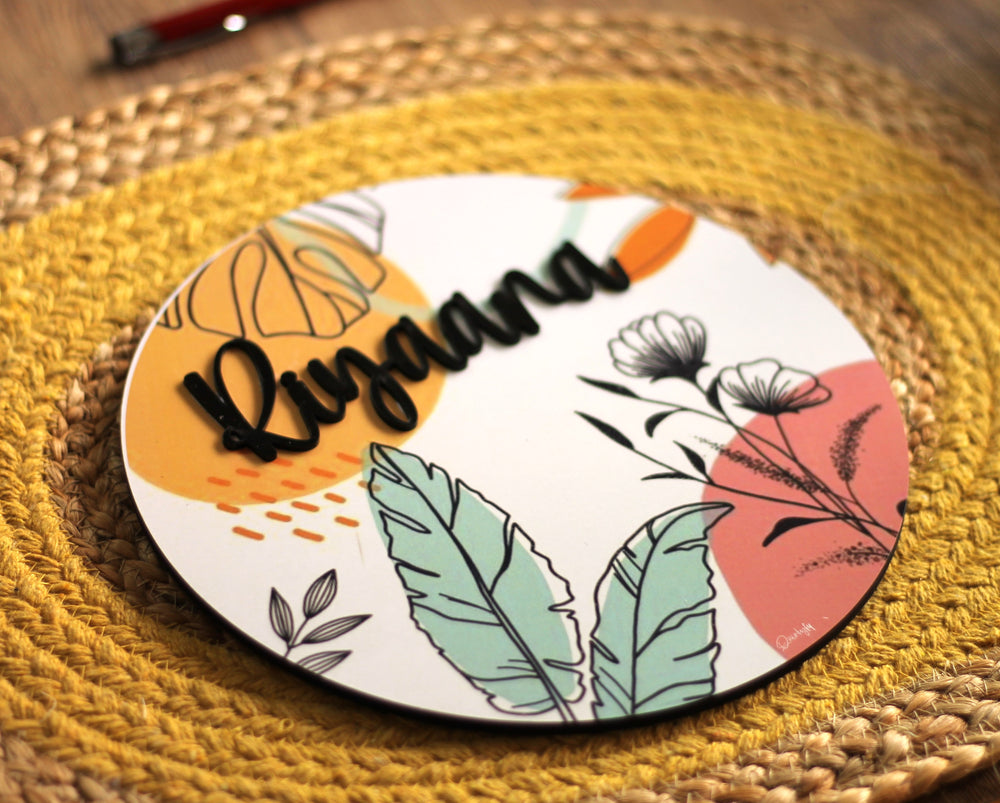 Personalized Printed Leaf Mdf Wood Kids Name Plate With 3D Letters - Top Angle Showing Name Personalization