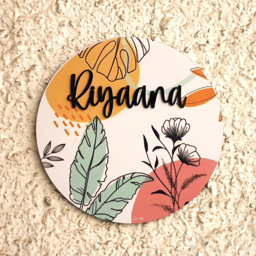 Personalized Printed Leaf Mdf Wood Kids Name Plate With 3D Letters - Mounted on Textured Wall Front View