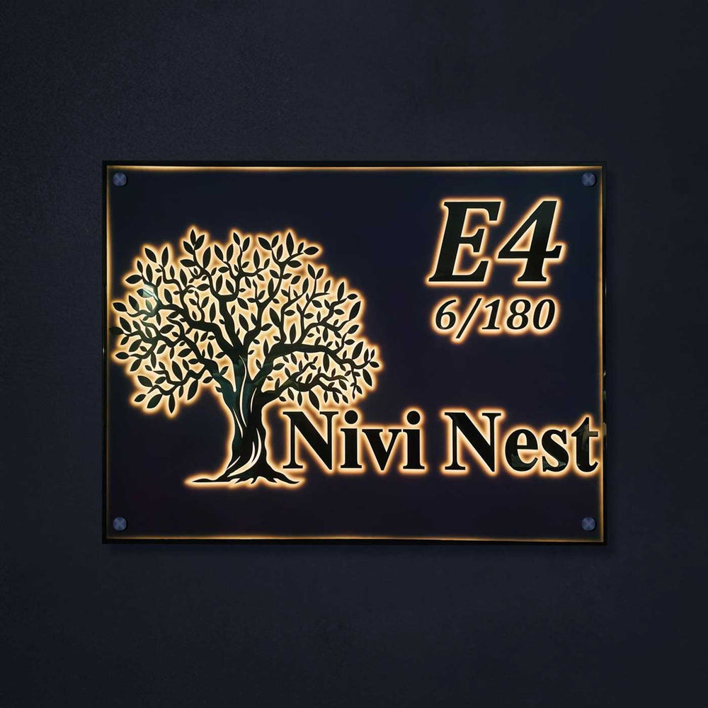 Personalized Waterproof Tree Design Acrylic Led Name Plate - Front View Mounted on Wall