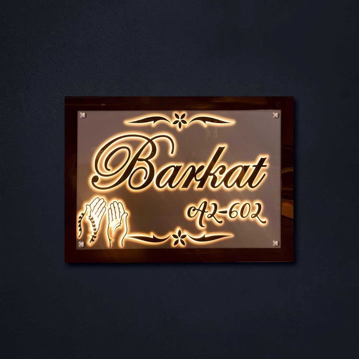 Personalized Waterproof Rose Gold Embossed Acrylic Led Name Plate - Front View Mounted on Wall