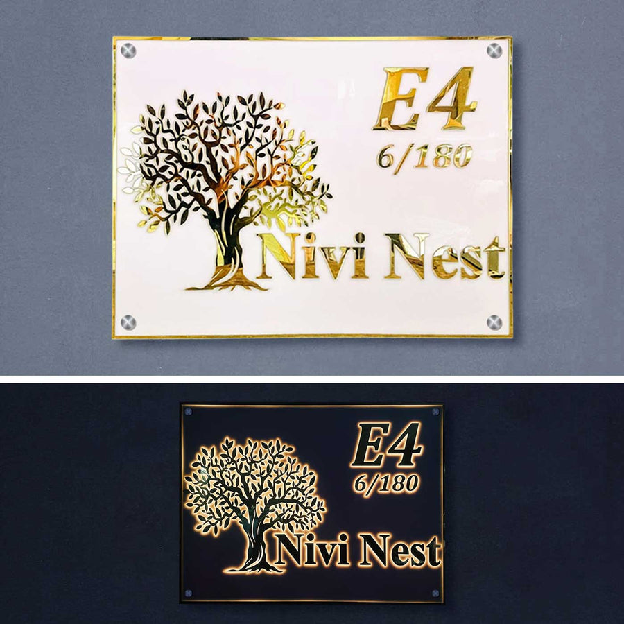 Personalized Waterproof Tree Design Acrylic Led Name Plate - Mounted on Wall Close-up View