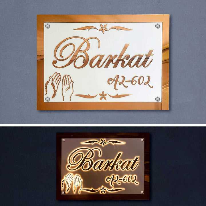 Personalized Waterproof Rose Gold Embossed Acrylic Led Name Plate - Front and Illuminated Back View Mounted