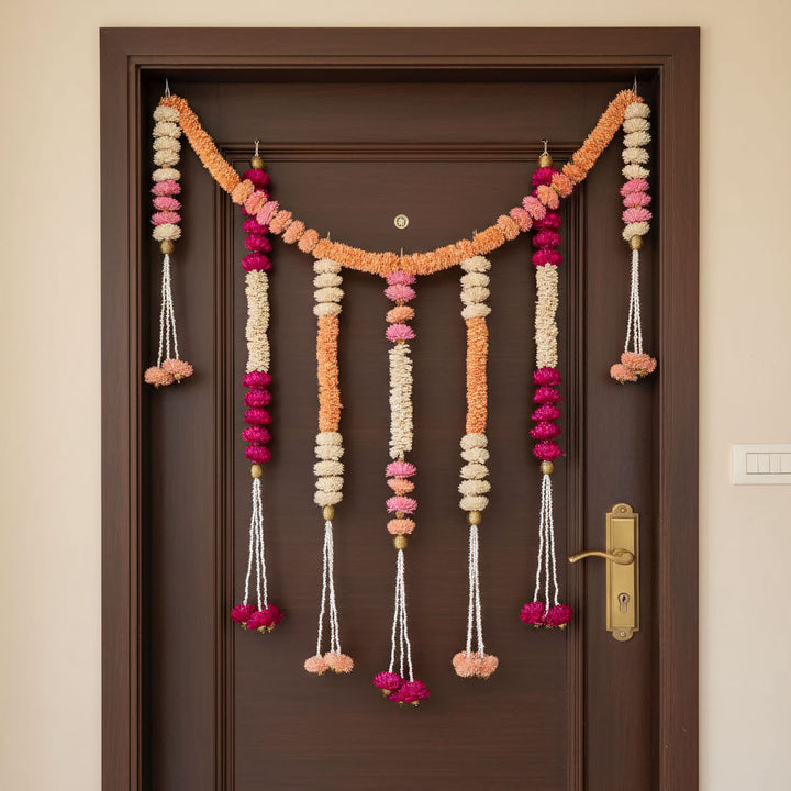 8pc Set | Handmade Rose Radiance Shola Flower Entrance Decor | 1 Toran + 7 Hangings