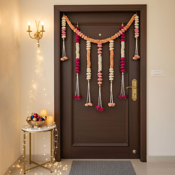 8pc Set | Handmade Rose Radiance Shola Flower Entrance Decor | 1 Toran + 7 Hangings