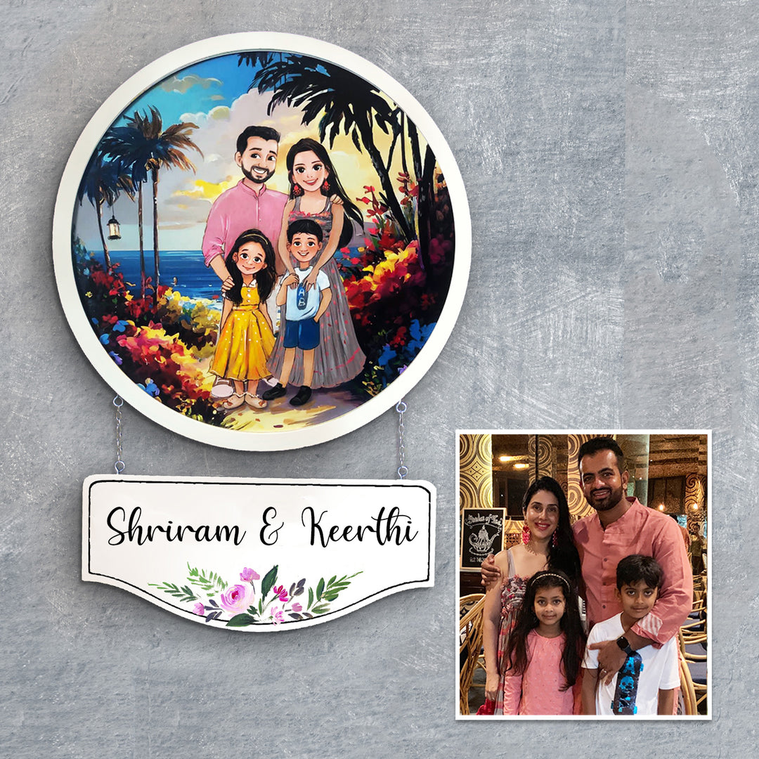 Photo Caricature Hanging Nameplate For Small Family 12 - Wall Hanging with Personalized Nameplate