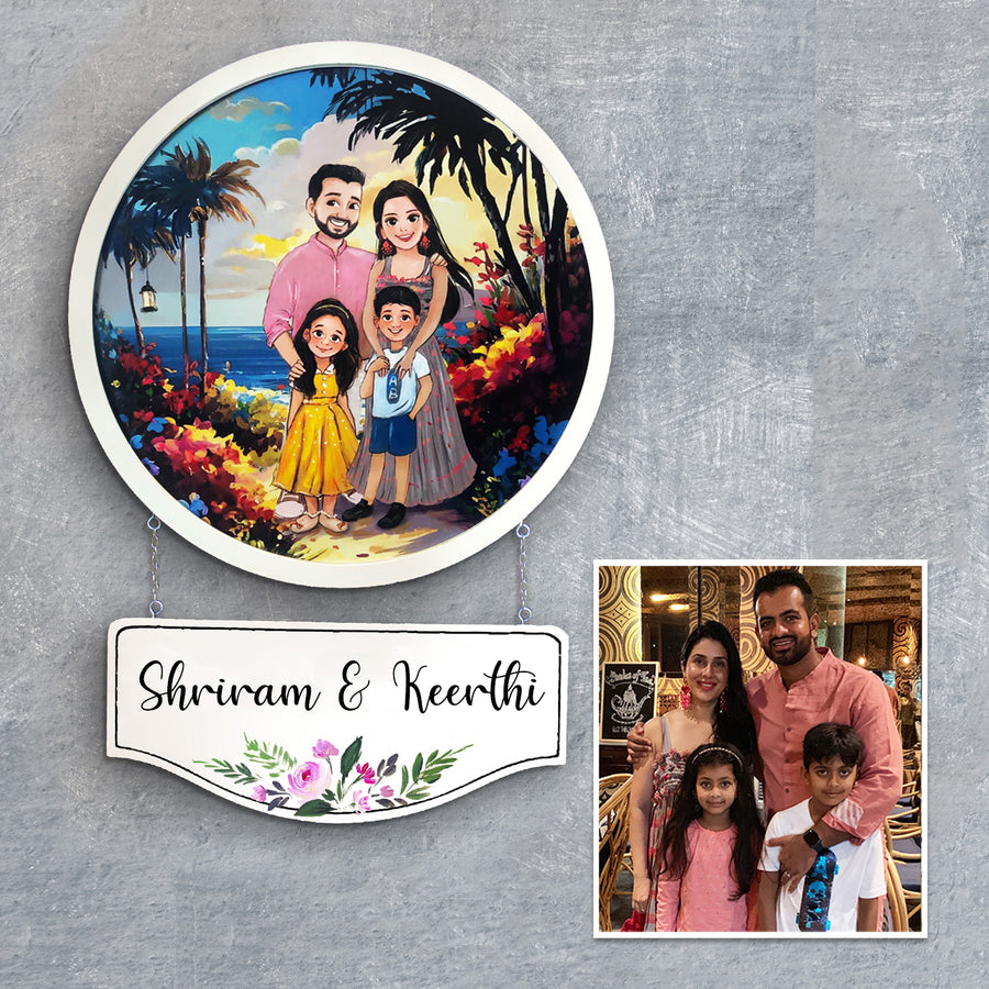 Photo Caricature Hanging Nameplate For Small Family 12 - Wall Hanging with Personalized Nameplate