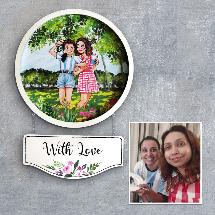 Photo Caricature Hanging Nameplate For Small Family 14 - Front View with Personalized Illustration