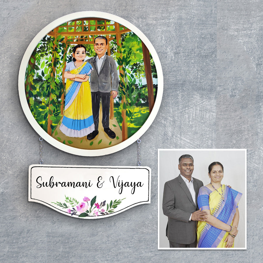 Photo Caricature Hanging Nameplate For Couples 19 - Framed Portrait with Name Plaque