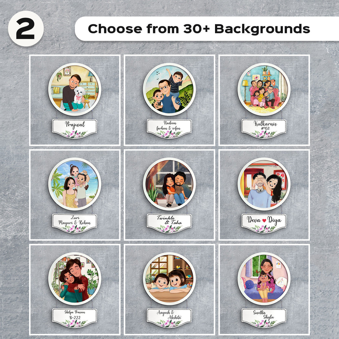Photo Caricature Hanging Name Plate For Couples 2 - Multiple Background Options Display
