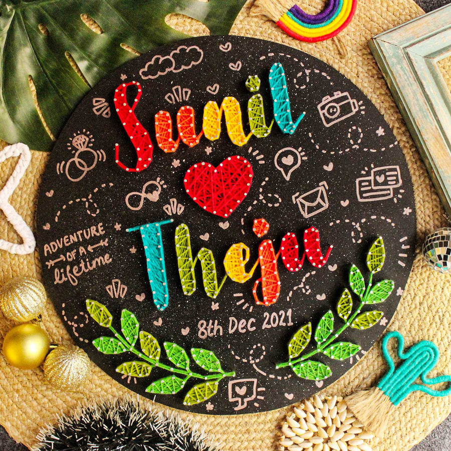 Personalized String Art Round Couples Mdf Wood Name Plate - Top Down Personalized Name Display