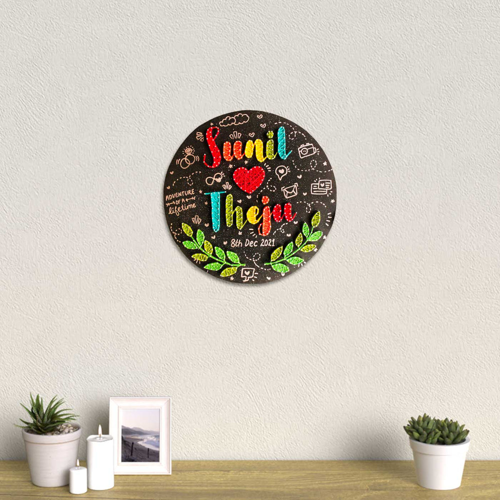 Personalized String Art Round Couples Mdf Wood Name Plate - Mounted on Wall Above Shelf