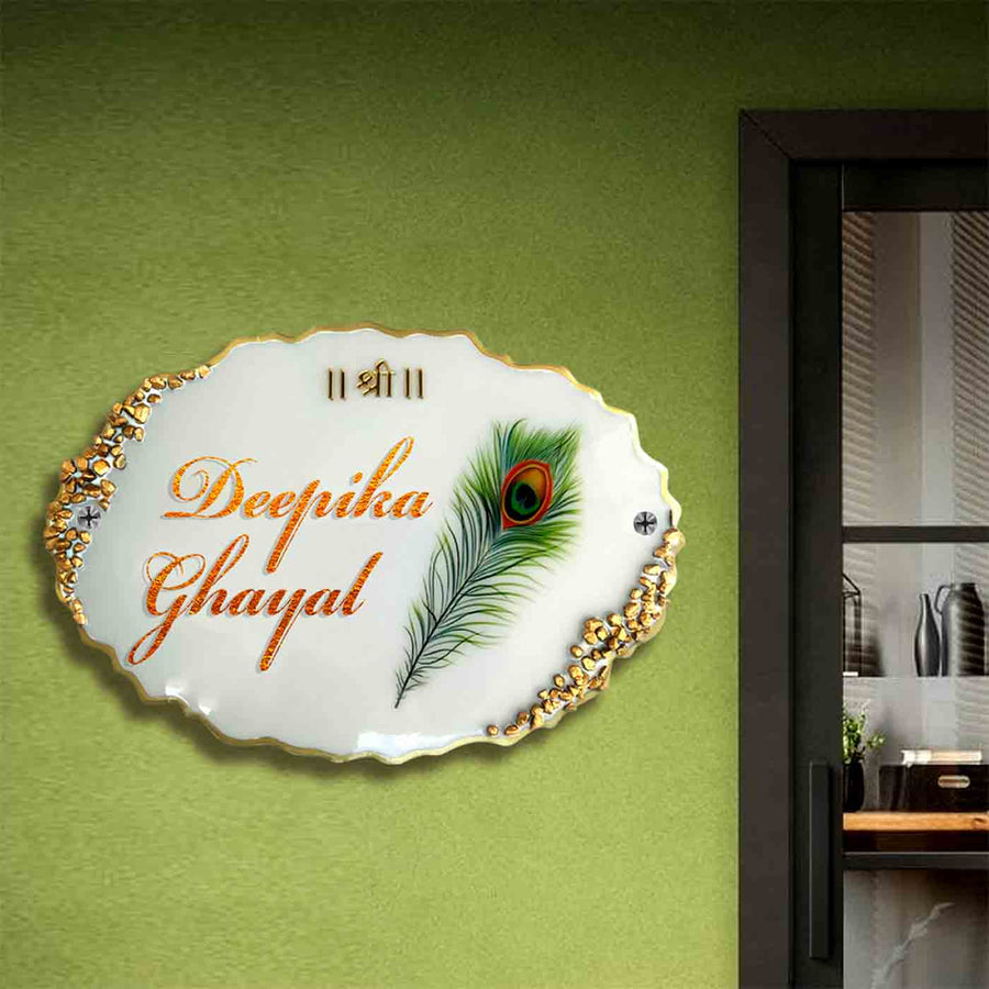 Personalized Handmade Peacock Feather Resin Name Plate - Mounted on Wall Personalized Nameplate