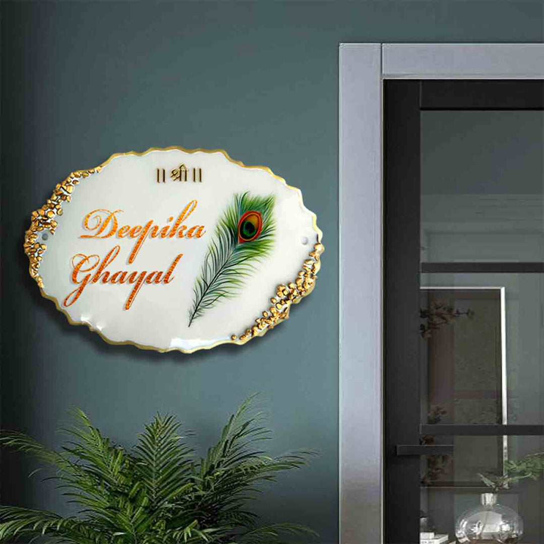 Personalized Handmade Peacock Feather Resin Name Plate - Mounted on Wall with Name Personalization