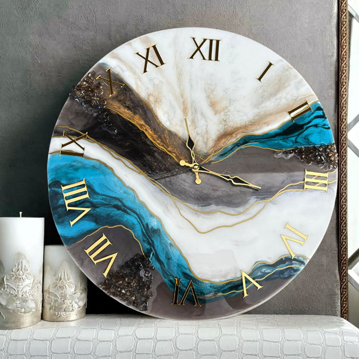 Stylish Blue & White Round Acrylic Wall Clock with Beautiful Resin Art