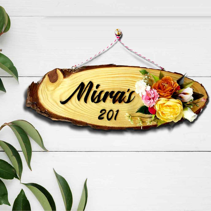 Personalized Handmade Floral Wooden Name Plate With 3D Letters 2 - Front View Hanging on Wall
