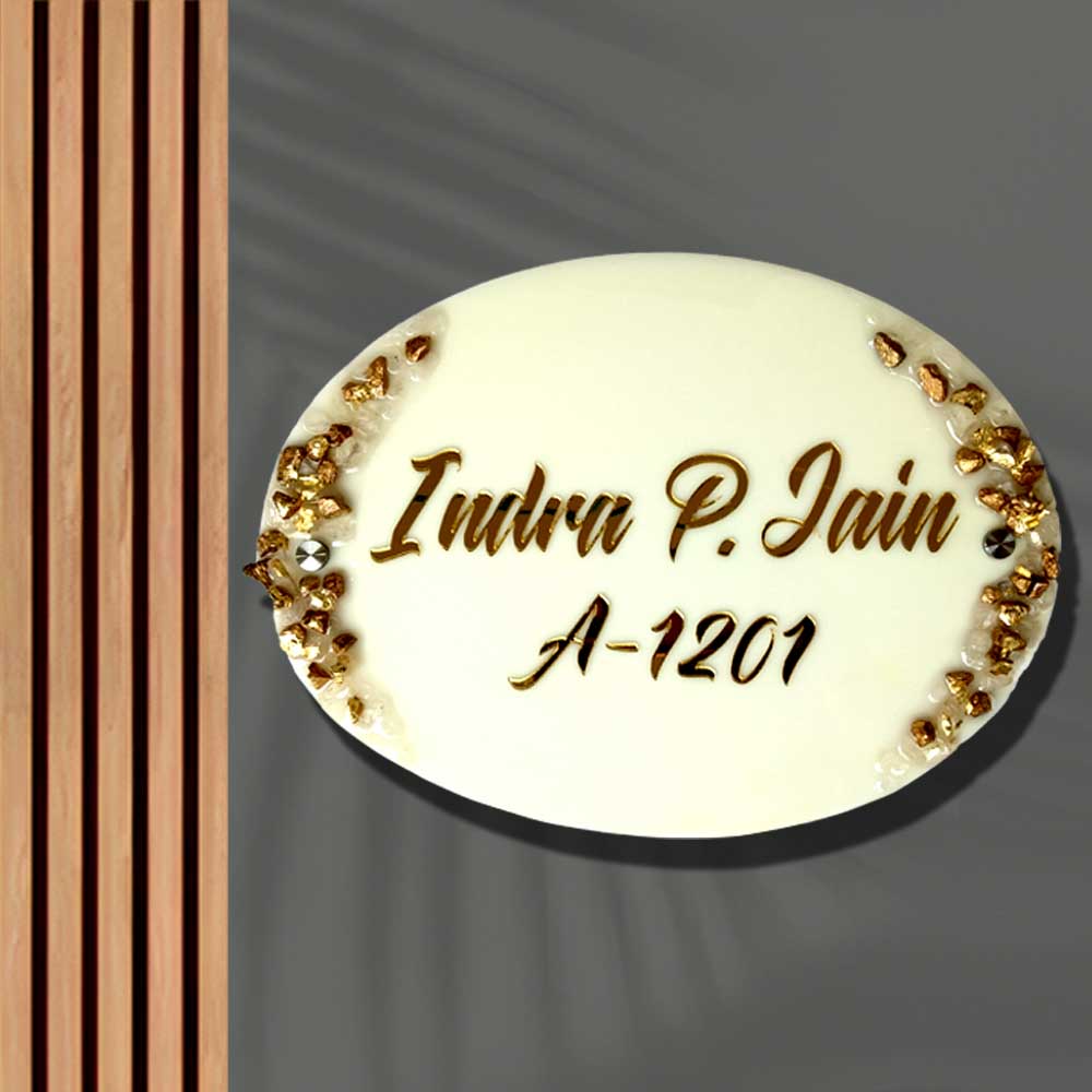 Personalized Handmade White And Gold Resin Name Plate - Front View Mounted on Wall
