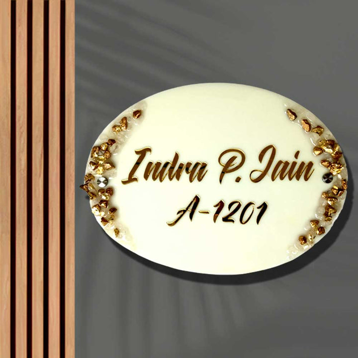 Personalized Handmade White And Gold Resin Name Plate - Front View Mounted on Wall
