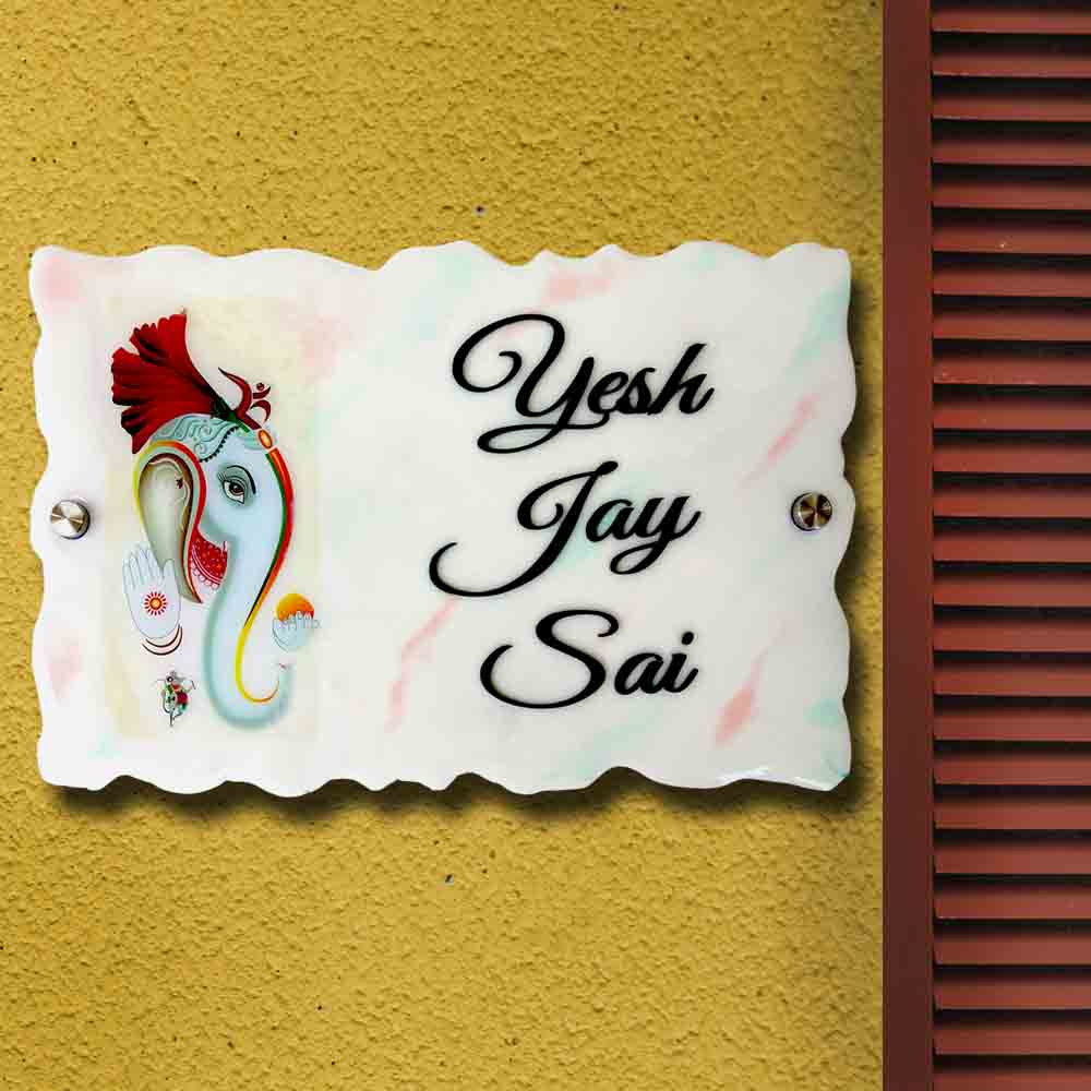 Personalized Handmade Ganesha Art Resin Name Plate - Mounted on Wall with Screws