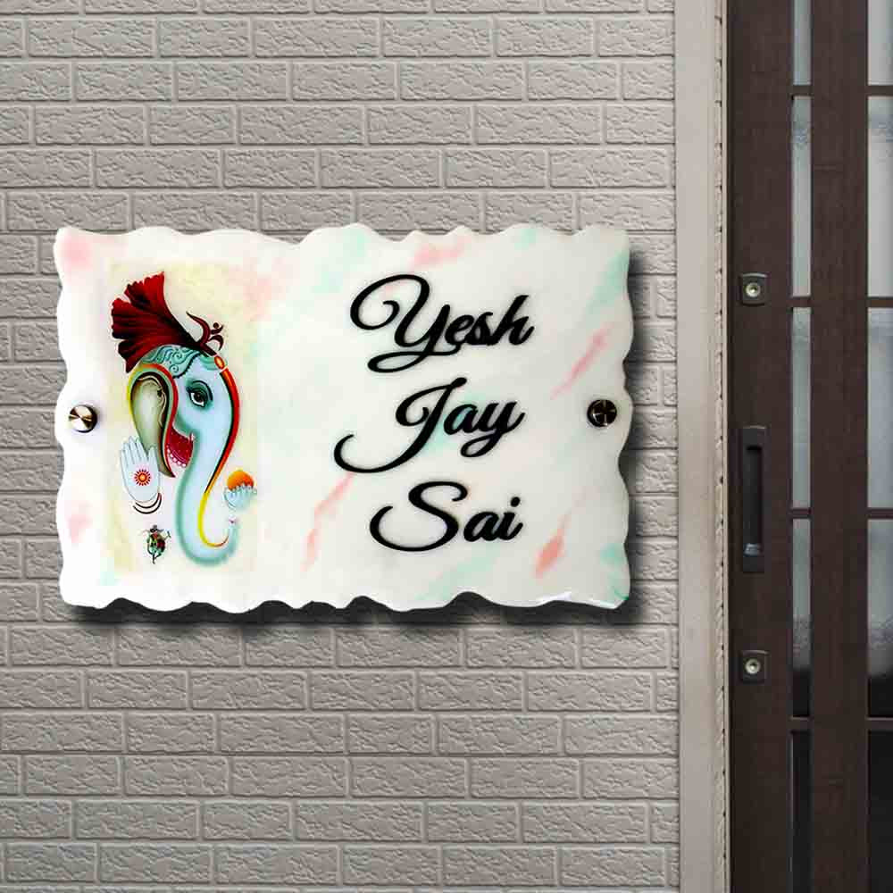 Personalized Handmade Ganesha Art Resin Name Plate - Mounted on Exterior Brick Wall