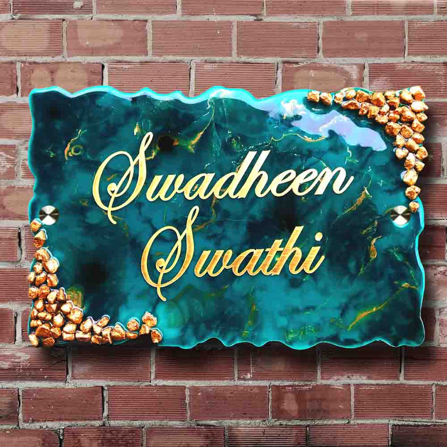 Personalized Handmade Blue And Gold Resin Name Plate - Mounted on Wall Close-up