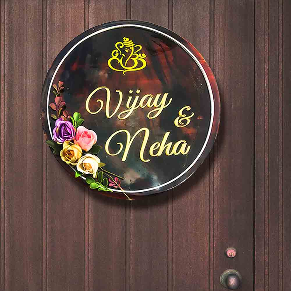 Personalized Handmade Flowers And Ganesha Wooden Name Plate With 3D Letters - Mounted on Door Front View