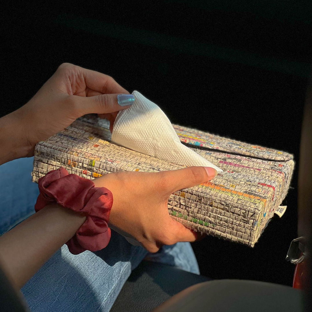 Upcycled Paper Handloom Portable Tissue Dispenser Box