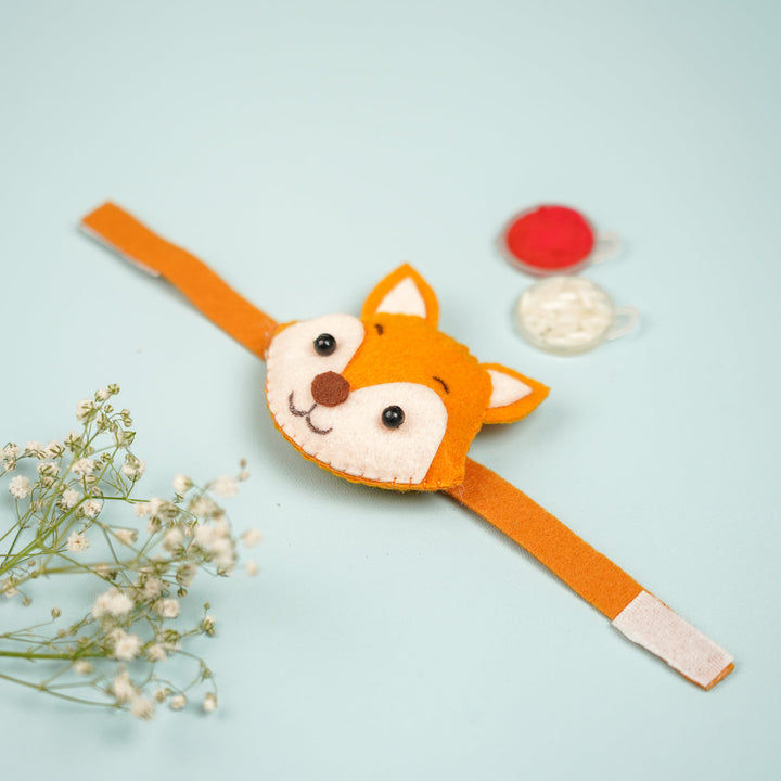 Handmade Fox Theme Felt Kids Rakhi With Roli Chawal - Front View with Floral and Buttons Accessories