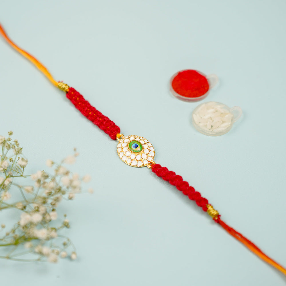 Handmade Macrame Oval Peacock Feather Theme Metal Rakhi With Roli Chawal - Full Length with Decorations