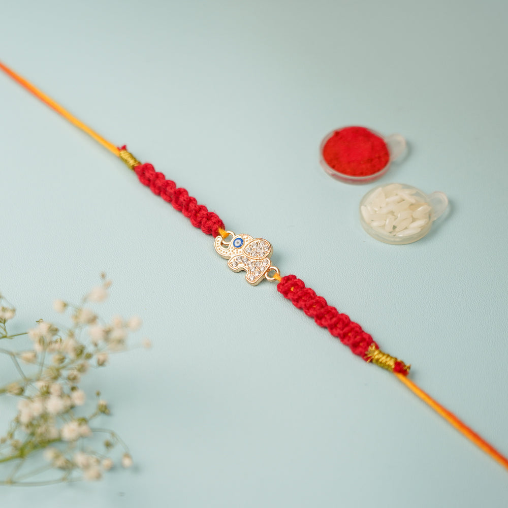 Handmade Macrame Elephant Evil Eye Metal Rakhi With Roli Chawal - Elephant Bracelet with Ritual Items Displayed