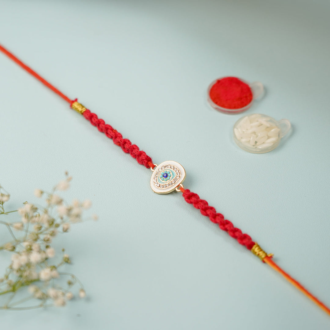 Customized Handmade Macrame Evil Eye Metal Rakhi With Roli Chawal - Flat lay with accessory items (6)