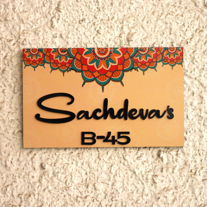 Personalized Printed Colorful Mandala Designer Mdf Wood Name Plate With 3D Letters - Front View Mounted on Wall