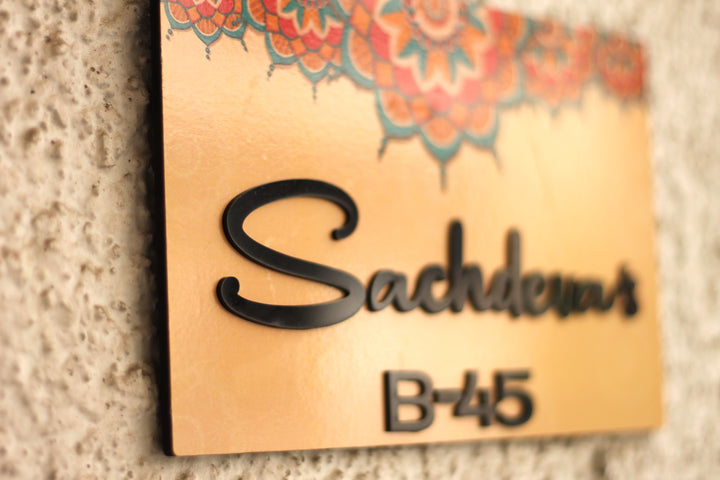 Personalized Printed Colorful Mandala Designer Mdf Wood Name Plate With 3D Letters - Close-up Angled View Mounted on Wall