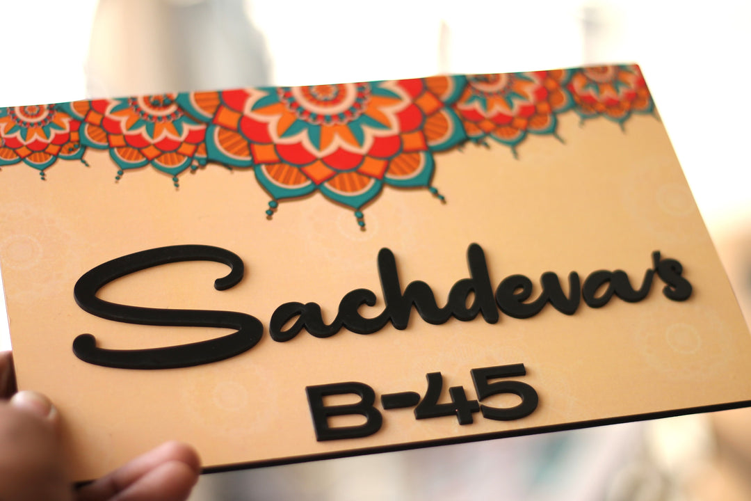 Personalized Printed Colorful Mandala Designer Mdf Wood Name Plate With 3D Letters - Name Personalization Close-up