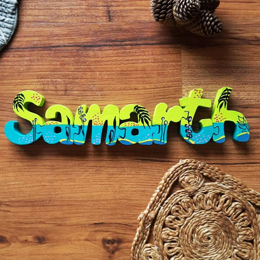 Hand Painted Interlockable Sandy Beach Themed Wooden Self Standing Name Plate - Name Personalization Example Flat Lay