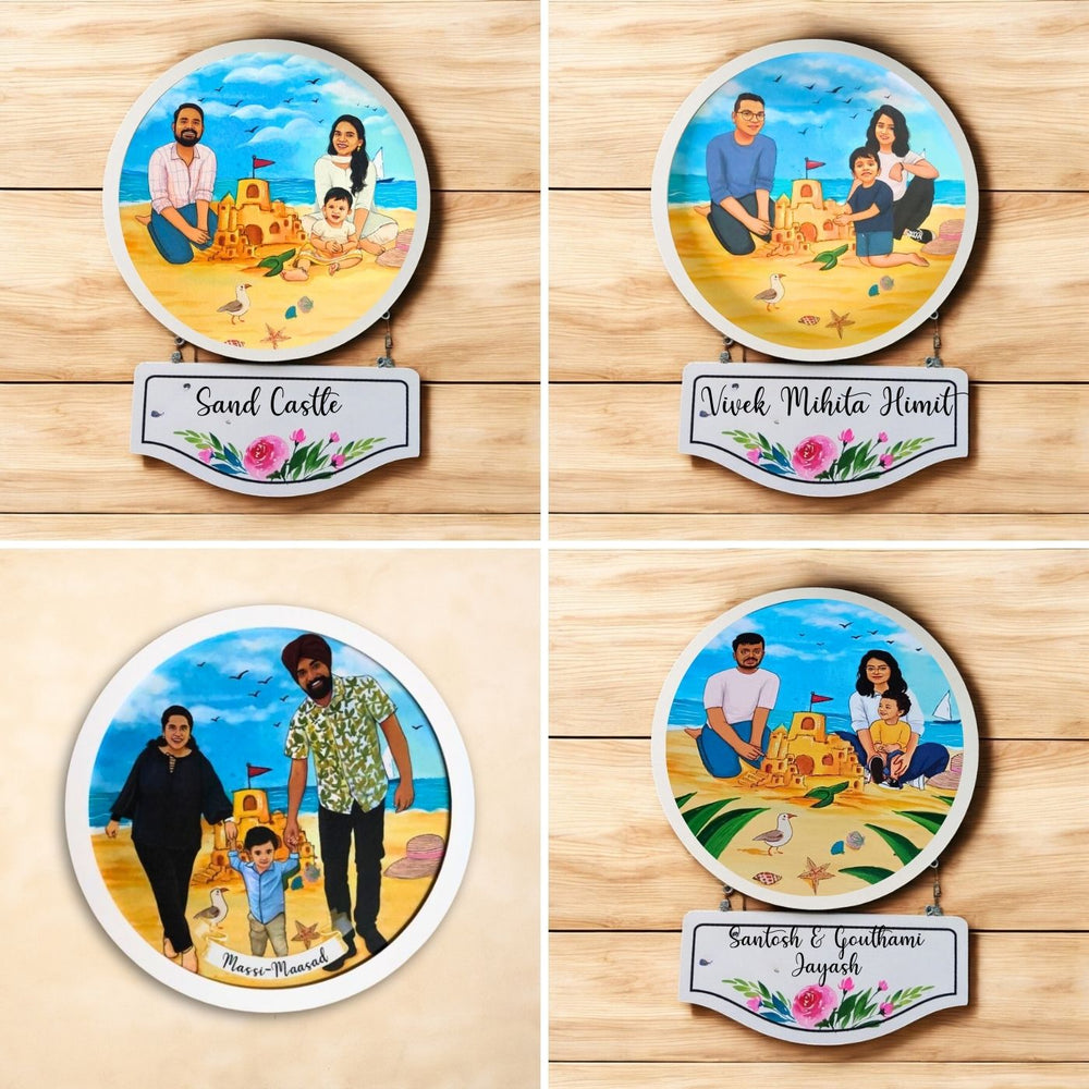 Photo Caricature Hanging Nameplate Small Family 5 - Four Personalized Name Plate Variations