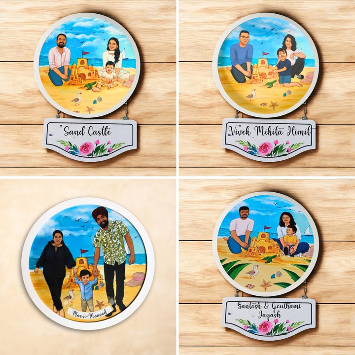 Photo Caricature Hanging Nameplate Small Family 5 - Four Personalized Name Plate Variations