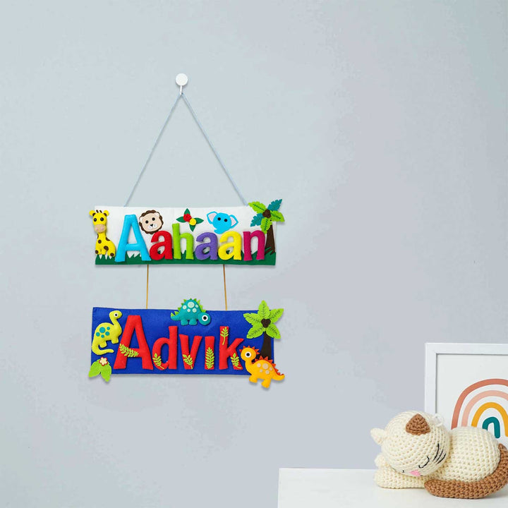 Customized Handcrafted Jungle Dinosaur Theme Felt Name Plate For Kids For Siblings - Hanging on Wall Showing Full View